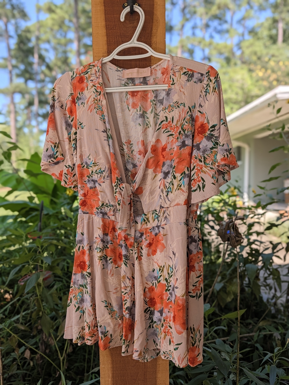 Floral Tie-Front Romper in Blush with Orange Bloom Print